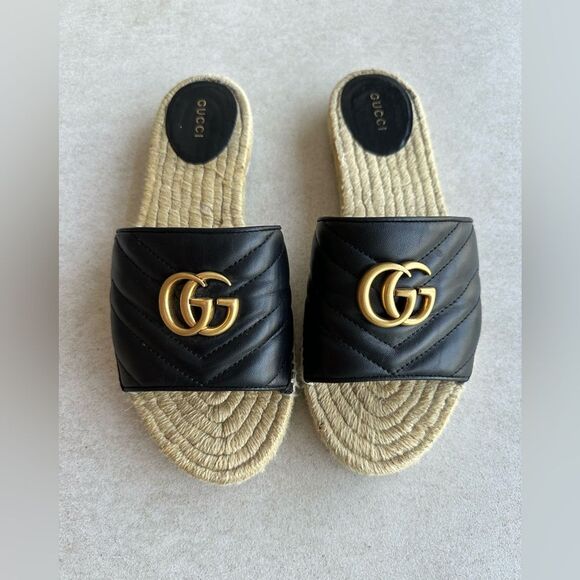 Gucci Shoes - Gucci Pilar GG Marmont Leather Espadrille Slide Sandals Size EU 39.5 US9.5 Black